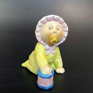 Cabbage Patch Kids Fine Porcelain Baby with Pink Bonnet / Yellow Pjs 1984